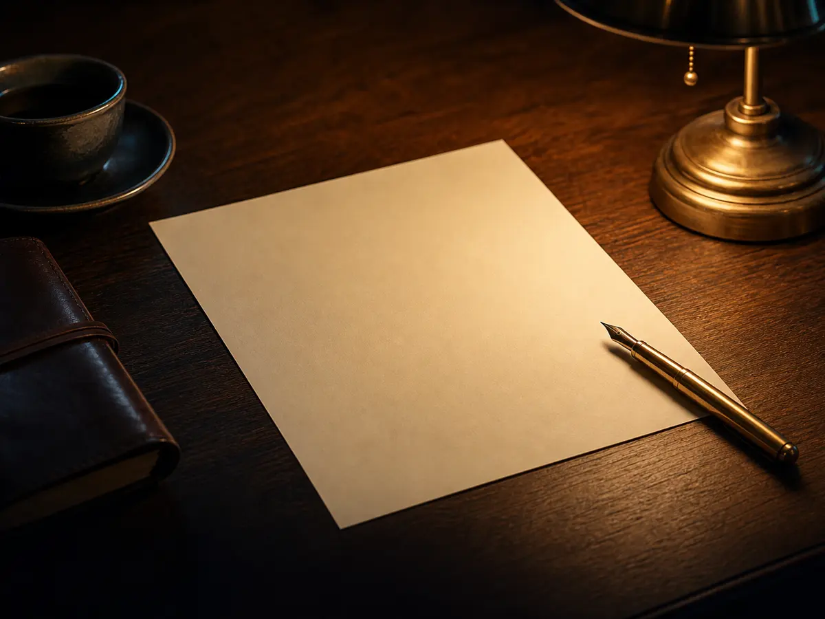 Counsel's desk at lamplight — cream paper, brass pen, the quiet artifacts of the work
