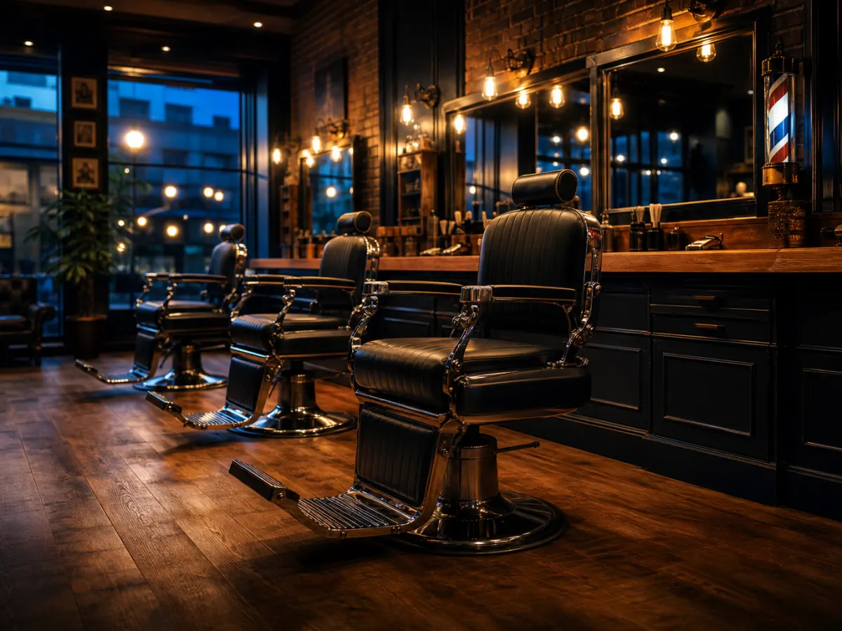 Modern upscale barbershop interior at dusk — barber chairs, mirror wall with edison bulbs, warm craft mood