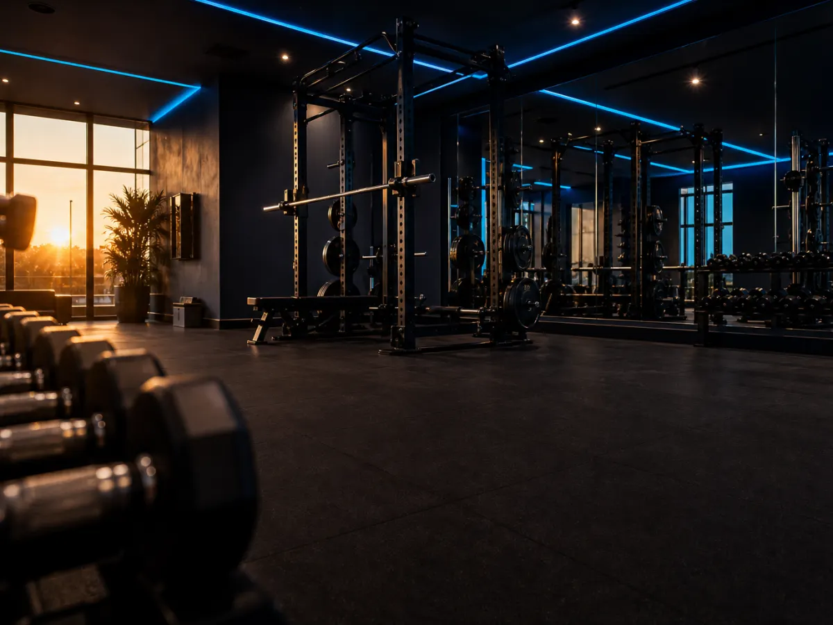Boutique gym interior at golden hour — empty floor with weights, squat rack, and cyan LED accents