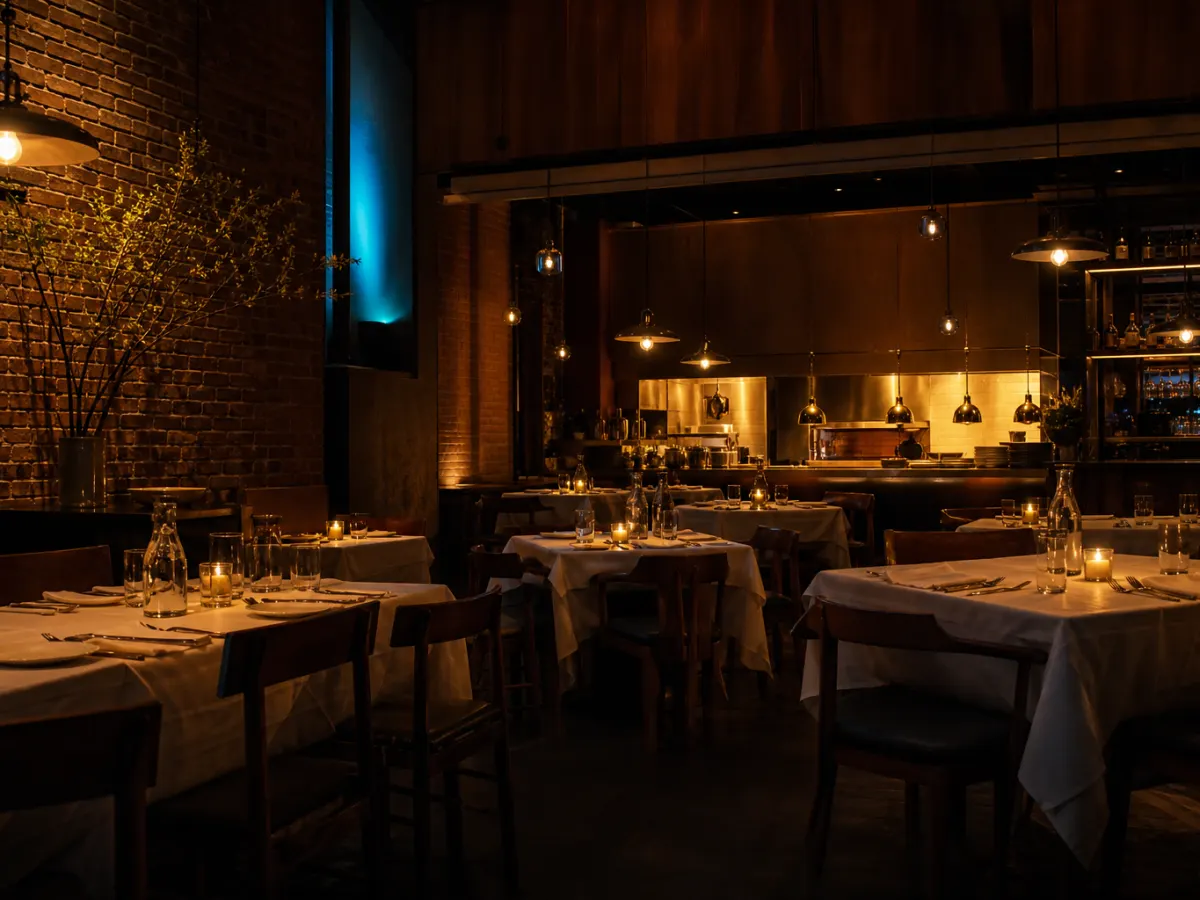 Upscale restaurant dining room before service — set tables, warm pendants, glowing kitchen pass